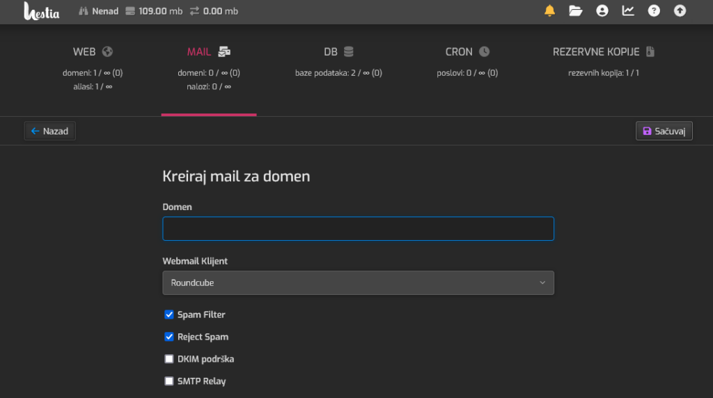 hestia kreiranje maila za domen