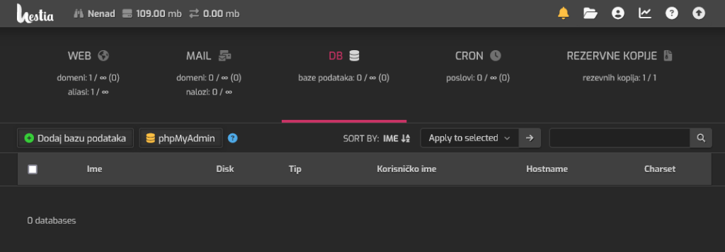 hestia dodavanje baze