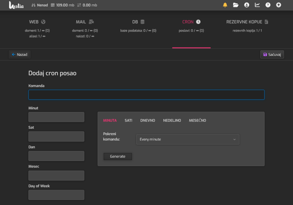 hestia cp dodavanje cron job-a